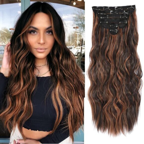 New 6PCS 20" Wavy Curly Auburn Mix Chestnut Clip-In Hair Extensions for Women